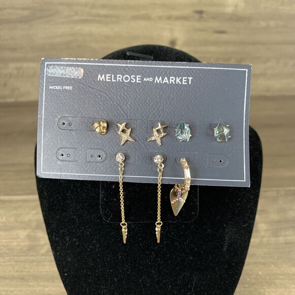 Melrose & Market Stud Drop Dangle Earrings Rhinestone Star Heart Gold - Picture 1 of 9